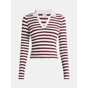 Preppy Johnny Collar Y2K VIBE Long Sleeve Tee Sz L Dark Cherry White Stripe NWT